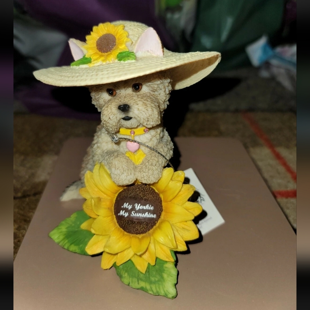 The Hamilton Collection Adorable Dog Yorkie Figurine with Sunflower Hat